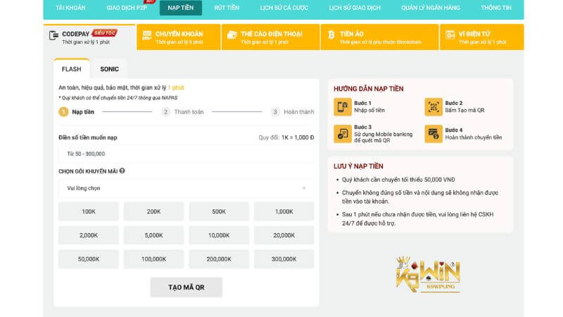 Các điểm nổi bật về quy trình nạp tiền k9win